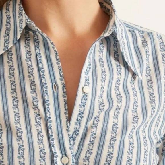 Nili Lotan Blue White Floral Striped Kate Button Down Shirt Blouse Womens Medium